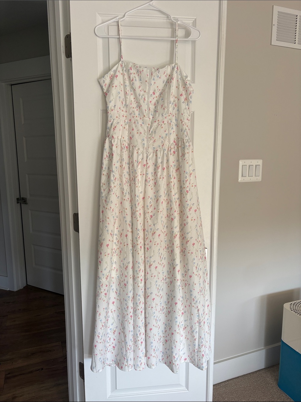 White Floral Maxi Dress with Spaghetti Straps - Small